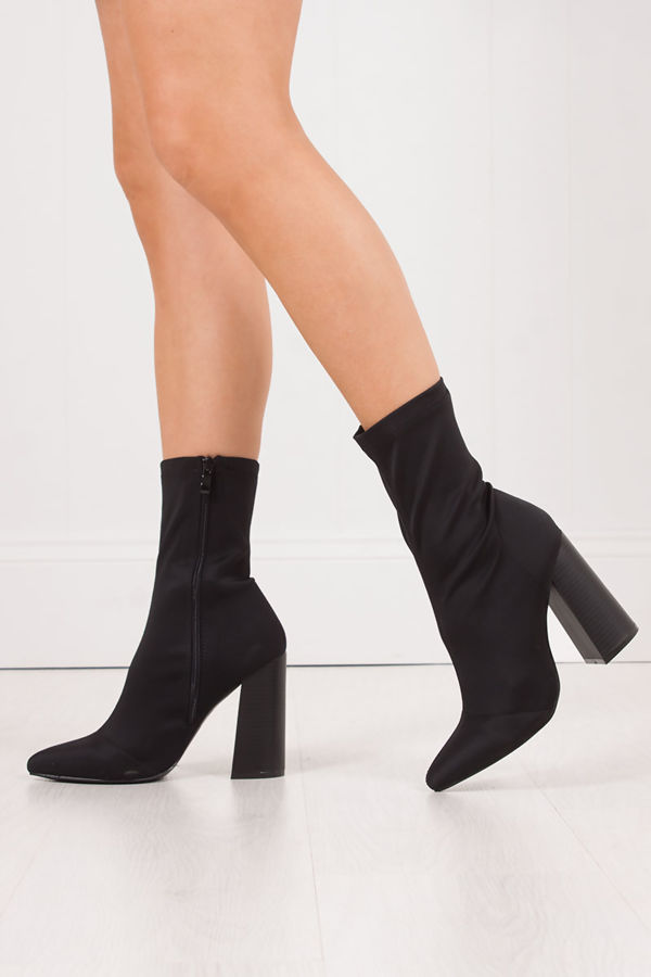 mimi black fitted block heel sock boots in lycra